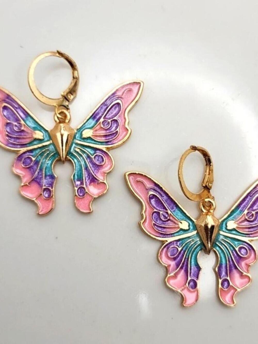 Enchanted Garden Multicolor Pastel Butterfly Gold Earrings